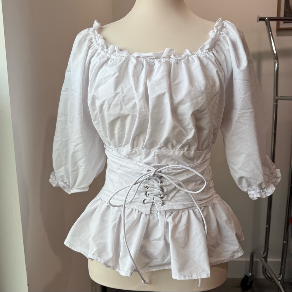 New York & Company White Peasant Corset Blouse
